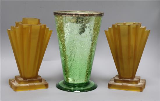 A crackle mirrored glass vase and a pair of Art Deco style pressed glass vases tallest 24cm
